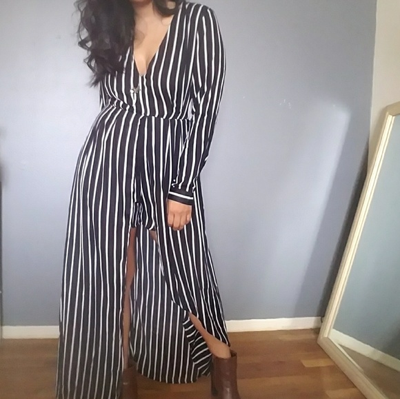 LAST//BLACK WHITE STRIPED MAXI ROMPER DRESS - Picture 3 of 8